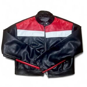 Faux Leather Racer Jacket Black and Red